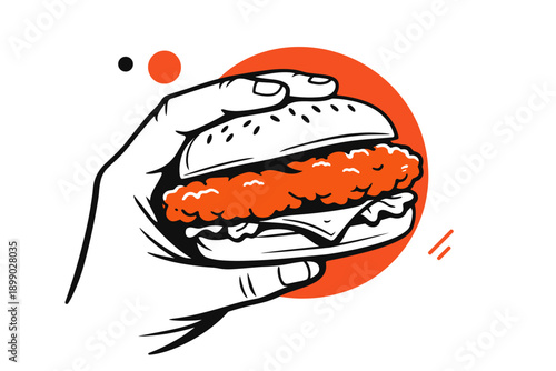 Hand holding tasty chicken burger with cheese in graphic art style