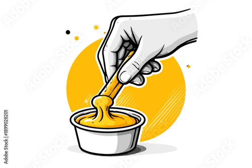 Hand dipping fry into cheese sauce with yellow circle background