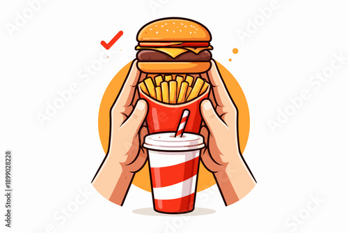 Cartoon hands holding burger, fries, and drink with checkmark
