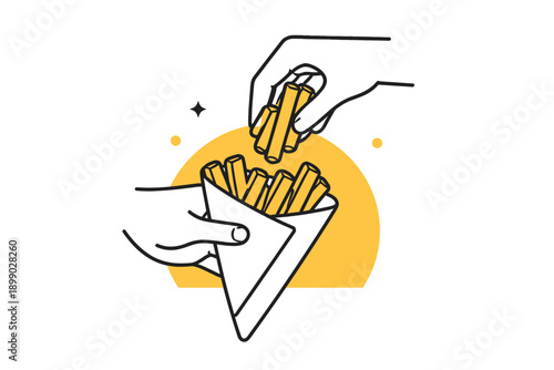 Minimalist style illustration of churros in cone with hands interacting