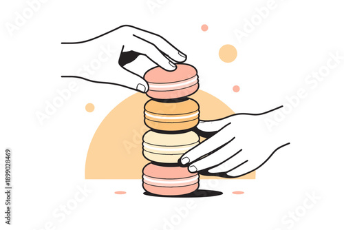 Hands stacking colorful macarons in minimalistic style