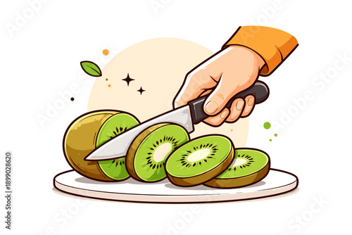 Hand slicing kiwi on cutting board with knife
