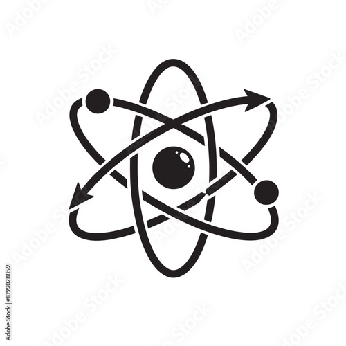 Black atom symbol with orbiting electrons and arrows on white background science