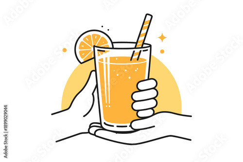 Two hands holding refreshing orange juice with lemon slice and straw