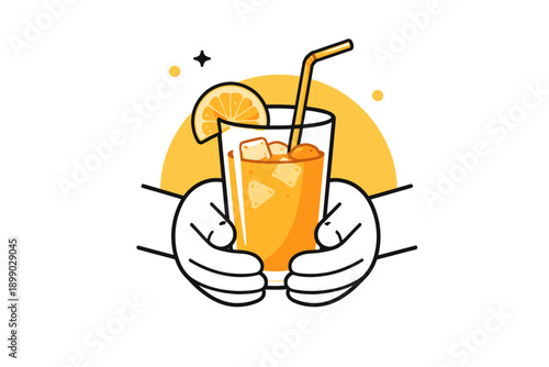 Refreshing orange juice with ice and lemon slice in hand-drawn style