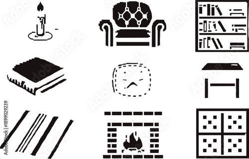 Black and white vector icon set of cozy home elements featuring a fireplace, armchair, bookshelf, 