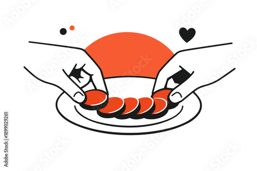 Hands arranging pepperoni slices on plate in minimalist design