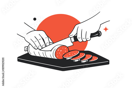 Slicing salami on cutting board illustration with hands and knife