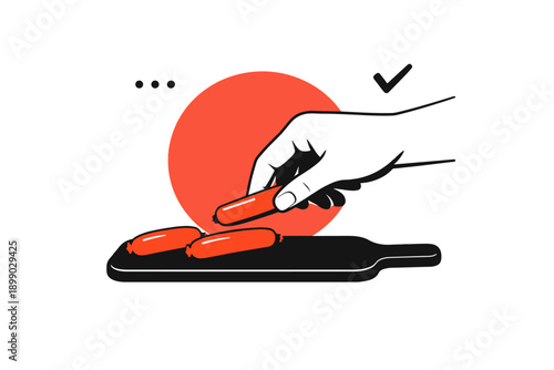 Hand placing sausages on cutting board with minimalist design