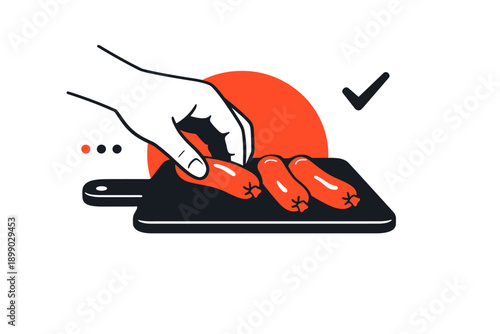 Hand placing sausages on cutting board with checkmark design