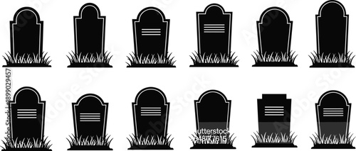 Black and white vector icon set of various tombstone silhouettes featuring different grave markers 
