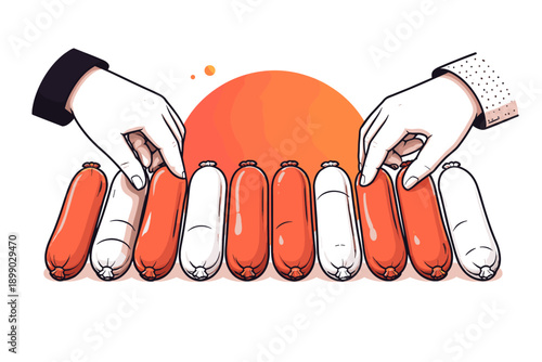 Two hands arranging red and white sausages on white background with orange circle