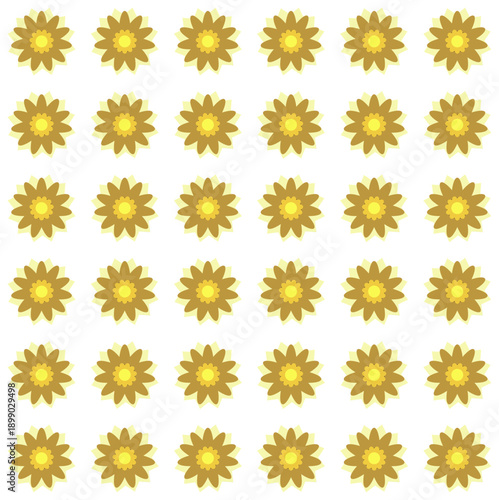 A grid of thirty-six yellow flowers arranged in six rows on a plain surface viewed from directly above
