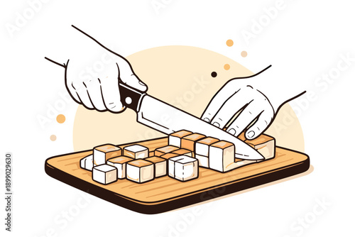 Hands cutting tofu with knife on wooden board - cooking preparation illustration