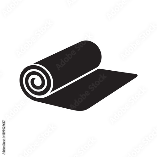 Black rolled yoga mat with white spiral detail on white background