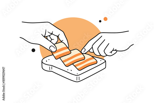 Hands placing bacon strips on bread in minimalist food illustration