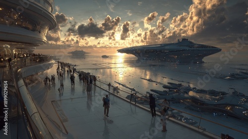 Luxury Cruise Ship Deck Scene with Passengers During Sunset with Modern Architecture and Ocean View