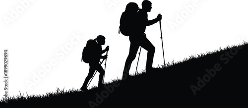 Black and white vector silhouette of two hikers with backpacks and trekking poles climbing up a grassy 