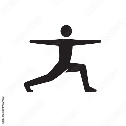 Black silhouette of a person in a warrior yoga pose on white background