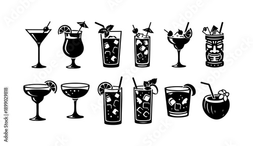 Cocktail Drink Silhouettes Set - Black Vector Bar and Party Beverage Icons