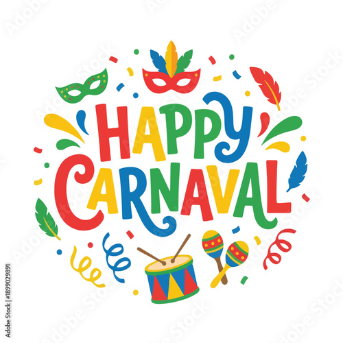 Colorful Happy Carnaval Vector Greeting Card with Masks and Musical Instruments