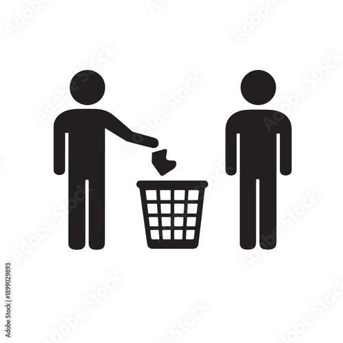 Two black silhouette figures one throwing trash into bin another standing white person people