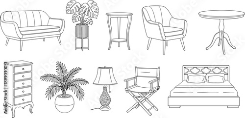 Modern interior furniture line art illustration set, sofa chair table bed lamp plant drawer minimal outline home decor design collection