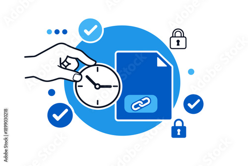 Time management and data security concept with clock and file icons