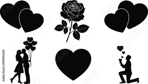Black and white vector silhouette set of romantic hearts, a rose, a couple kissing, and a man proposing 