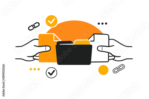 Hand exchange of folders with checkmarks and links in minimalist style
