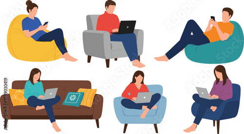 People using laptops and smartphones at home, men women relaxing on sofas bean bags, remote work lifestyle, digital leisure concept, flat vector illustration