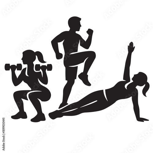 Three people silhouettes exercising with weights running and planking exercise fitness workout