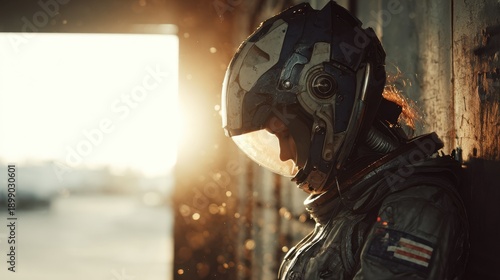 Female Race Car Driver Wearing Helmet Standing Against Wall in Sunset Light