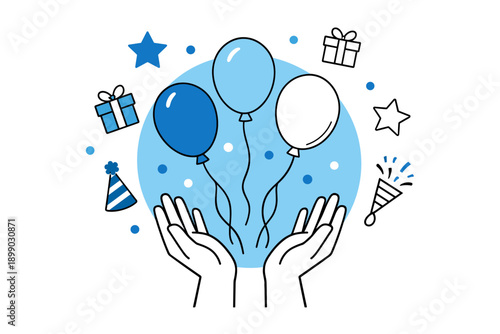 Celebration with blue and white balloons and festive confetti