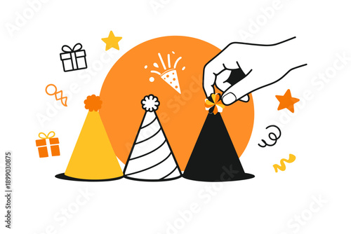 Colorful party hats and decorations with hand adjusting festive scene