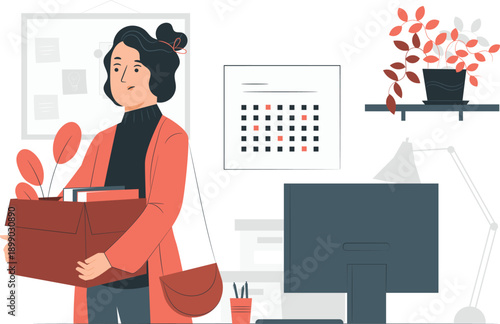 Woman holding a box and standing in a modern office space with a computer and calendar on the wall, viewed from the side.