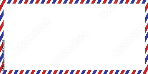 Airmail Envelope frame images with strips. International vintage letter border. Retro air mail postcard with blue and red stripes. Empty classic postal frame.