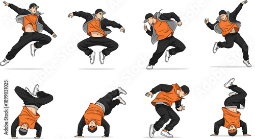 Street dance illustration, breakdance hip hop dancer moves, dynamic urban choreography, jumping spinning poses, youth culture, vector isolated white background