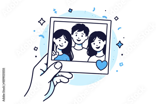 Illustrated group portrait of three young asian teens with hand holding polaroid print