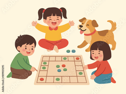 Three happy children playing a board game with their pet dog