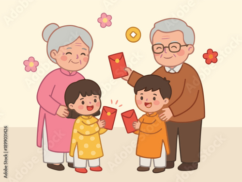 Grandparents giving red lucky envelopes to grandchildren for Lunar New Year celebration