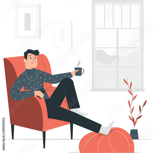 Man Relaxing in Orange Armchair with Coffee Cup in a Cozy Room Viewed from the Side