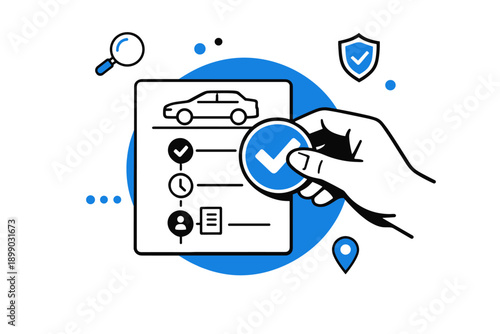 Car insurance concept with checklist and approval icon in blue and white design