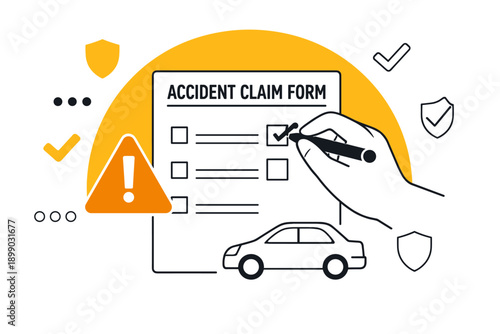 Filing accident claim form with risk alert symbol