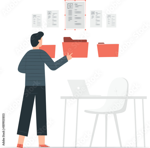 A person organizing digital files on a laptop at a desk with papers and folders floating around