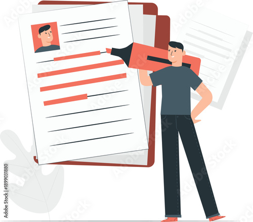 Man pointing to a large resume with a magnifying glass, illustration of a job application process