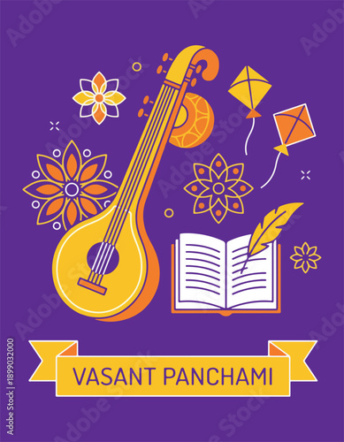 Colorful Vasant Panchami Festival Illustration with Veena Book and Kites