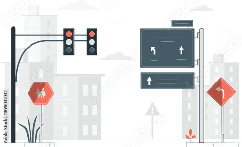 City Street Scene with Traffic Lights and Directional Signs from a Distant Viewpoint