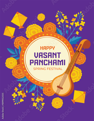 Colorful Vasant Panchami Spring Festival Illustration with Marigold Flowers and Veena