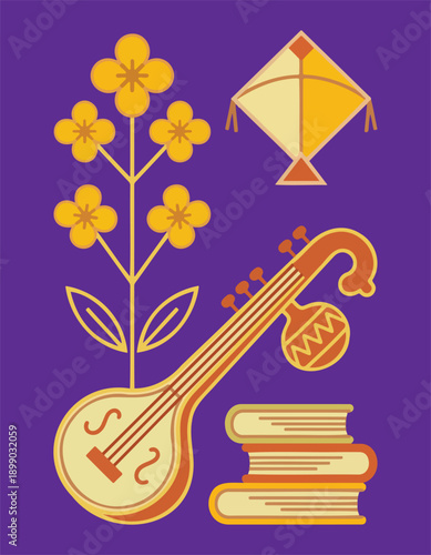 Basant Panchami Celebration Elements Including Veena Books Kite and Mustard Flowers